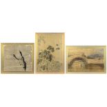 (lot of 3) Japanese ink and colors on silk, matted fragments from 18th-19th century byobu screen,