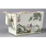 Chinese rectangular porcelain teapot, featuring landscape scenes, with one having two seated