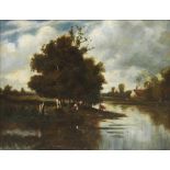 French School (19th century), River Landscape with Figure and Cow, oil on canvas, bears signature '