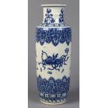 Chinese underglaze blue porcelain vase, of rouleau form with scholar's items framed by lappet bands,