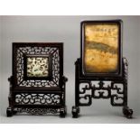 (lot of 2) Chinese table screens: the first set with a reticulated hardstone plaque pierced with a
