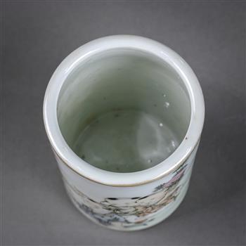 Chinese enameled porcelain brush pot, with four children seated in a garden depicted in the - Image 4 of 5