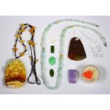 Collection of multi-stone items Including 2) agate pendants; 1) jade bead and metal 21 inch