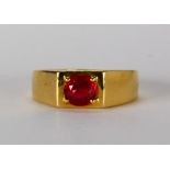 Ruby and 18k yellow gold ring Featuring (1) oval-cut ruby, weighing approximately 1.20 cts., set