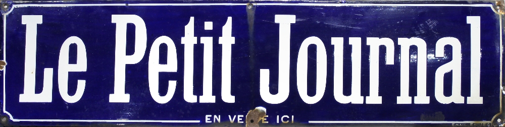 French advertising sign, circa 1930, for Le Petit Journal, inscribed "En Vente Ici, Email ed