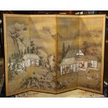 Japanese four-panel byobu screen, 19th century, gilt, ink and color on paper, depicting landscape