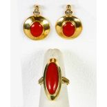 (Lot of 2) Coral, white stone and 14k yellow gold jewelry suite Including 1) coral cabochon and