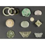 (lot of 12) Chinese hardstone plaques and carvings, including three rings (huan); four flowers;