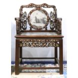 Chinese mother-of-pearl and marble inset armchair, the back centered with a marble plaque accented