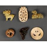 (lot of 6) Chinese hardstone carvings, including a recumbent ram; a deer; child and ox head; a