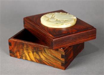 Chinese rectangular wood box, the lid inset with a hardstone plaque carved with a dragon pursuing - Image 3 of 4