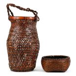 (lot of 2) Japanese ikebana bamboo baskets for flower arrangement, one tall ovoid form with