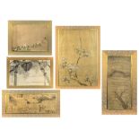 (lot of 5) Japanese ink and colors on silk, matted fragments from 18th-19th century byobu screen,