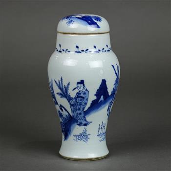 Chinese underglazed blue porcelain lidded jar, with a wide short neck above high shoulders and - Image 2 of 7