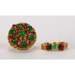 (Lot of 2) Multi-stone and yellow gold rings Including 1) ring, featuring (7) round emerald