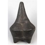 Pre-Columbian Chimu blackware bipartie rattle, with conical form handle, (repair), 4.5"l