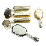 (lot of 7) German .800 silver mounted vanity set, comprising a hand mirror, 11"l, (4) garment