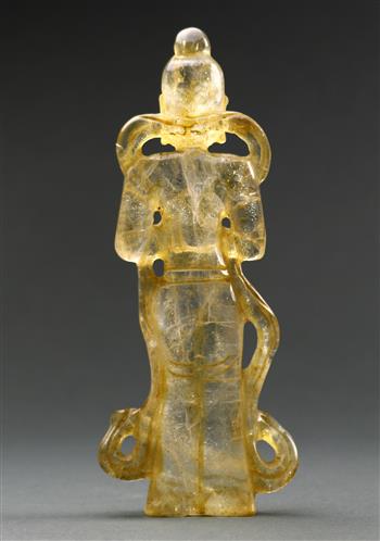 Chinese rock crystal carving, of a standing deity draped in celestial scarf, with hands clasped - Image 2 of 2