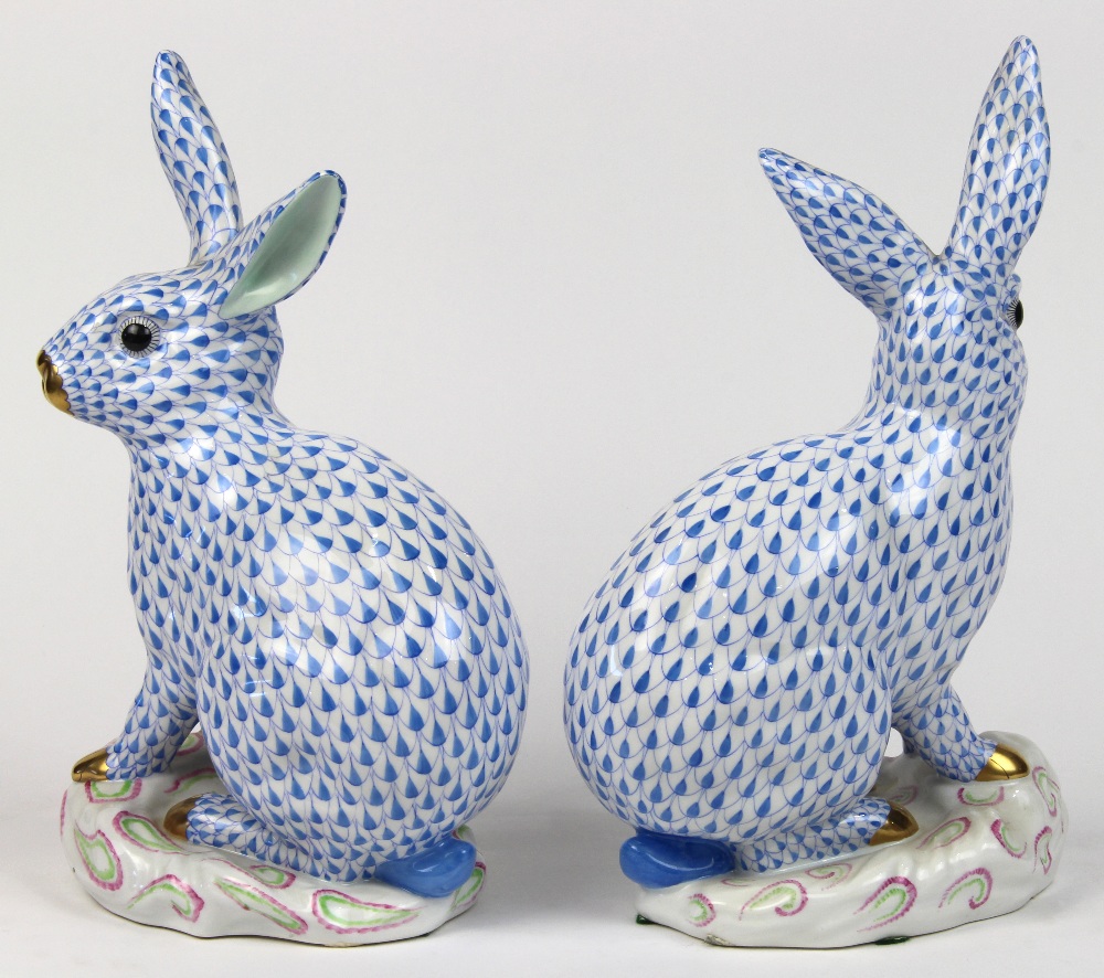 (lot of 2) Herend hand painted porcelain rabbits, each decorated in light blue in the Fish Net - Image 2 of 3