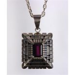 Carl Quintana glass sterling silver pendant-necklace (Navajo) Featuring (1) emerald-cut purple