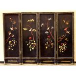 Chinese small four panel wood screen, featuring bird-and-flowers executed mostly in stone overlay,