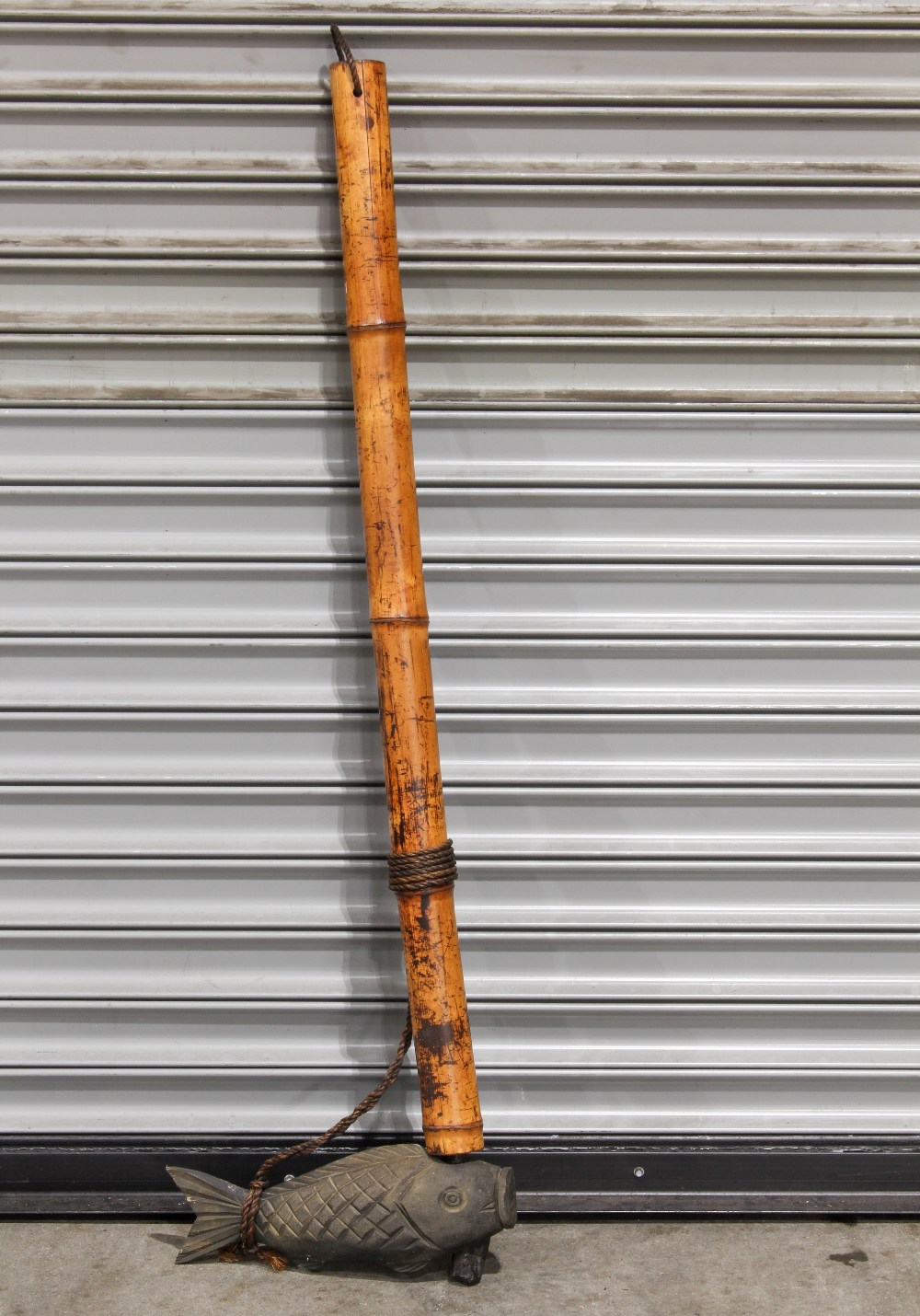 Japanese jizai-kagi (hearth pot hook), on bamboo pole, with rope and wooden koi carp, overall: 51. - Image 7 of 7