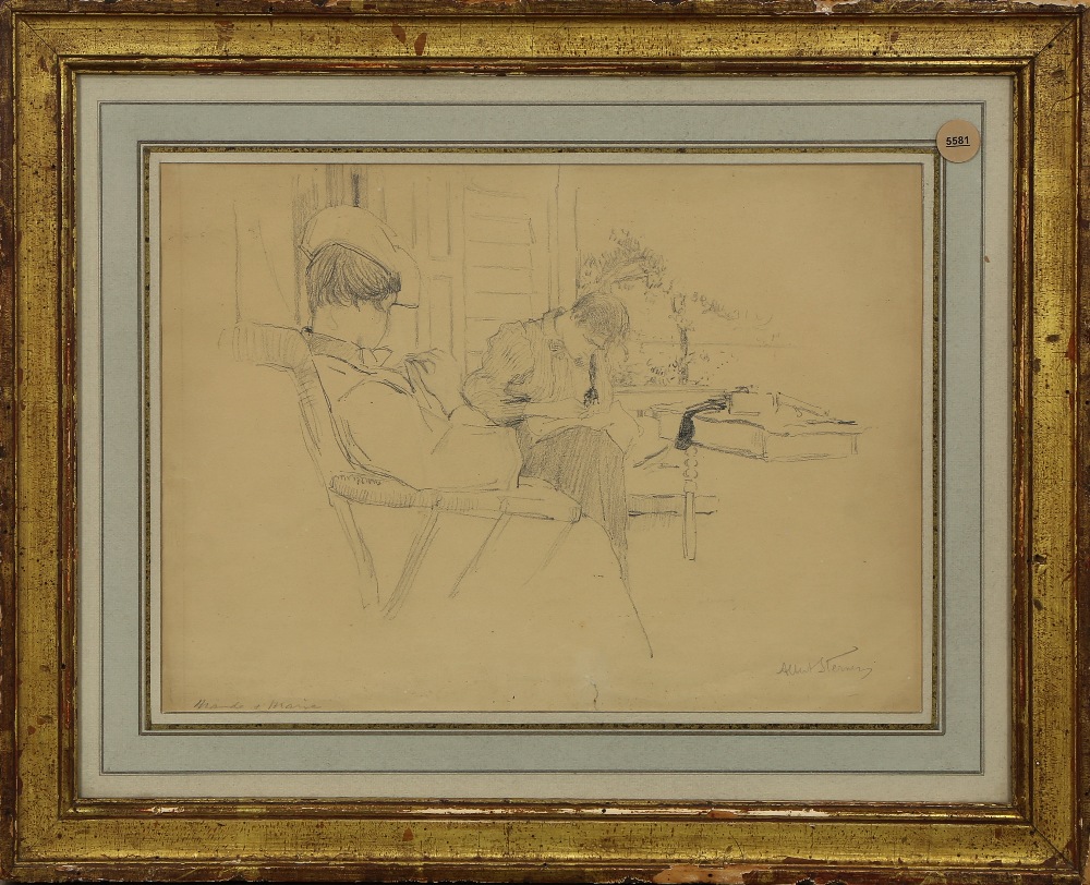 Albert Sterner (American, 1863-1946), "Maude and Marie," graphite on paper, signed lower right,