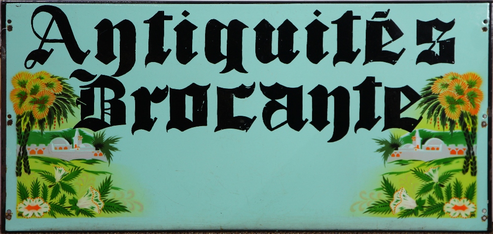 French antique shop sign, circa 1900-1930, inscribed "Antiquites Brocante", on a sage ground, 14.5"h