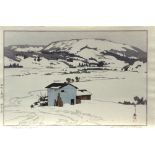 Yoshida Hiroshi (Japanese 1876-1950), "Winter in Taguchi", woodblock print, lower right with the