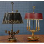(lot of 2) French Louis XVI Bouillotte style lamp group, each brass fixture with an adjustable metal