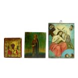 (lot of 3) Eastern Orthodox icon group, all painted on a wooden panel and polychrome decorated,