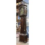 English George III tall case clock circa 1780, having a reticulated bonnet housing the brass