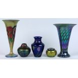 (lot of 5) Lundberg Studios group, consisting of a trumpet form vase with floral decoration on a