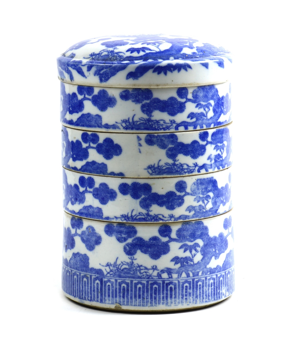 Japanese ceramic four-tier food container, blue-and-white transfer decorated with pines and - Image 2 of 5