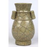 Chinese Ge-type ceramic arrow vase, with ribs to the neck flanked by tubular handles above the hu-