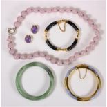 (Lot of 5) Multi-stone, glass, 14k and metal jewelry Including 1) pair of lavender jade and 14k
