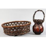 (lot of 2) Japanese bamboo baskets: one ikebana hanakago style; the other large circular, largest:
