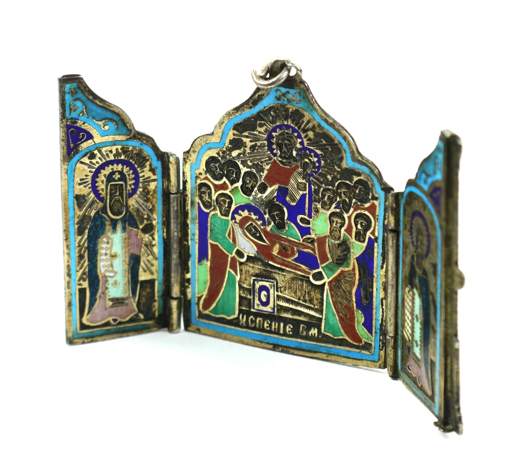 Russian .84 silver and enamel traveling triptych icon, executed in three parts, the middle depicting