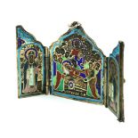 Russian .84 silver and enamel traveling triptych icon, executed in three parts, the middle depicting