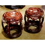 Pair of Chinese mother-of-pearl inlaid wood stools, accented by bird-and-flower motifs to the