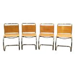 (lot of 4) Knoll MR style side chairs, having a sling leather back and seat above the tubular
