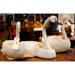 (lot of 3) Folk Art wood carved and polychrome decorated decoy models of swans, each with a white