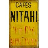 French painted restaurant sign, circa 1900, inscribed "Cafes Nitahi," and "Mme Blet Alimentation,"