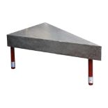 Industrial Age occasional table, having a triangular chrome top, above tubular legs in red and
