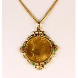 US gold coin, multi-stone, diamond and yellow gold pendant-necklace Featuring (1) textured US $10,