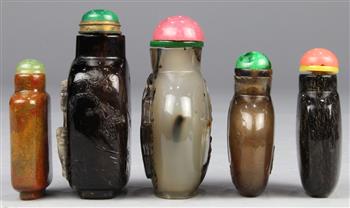 (lot of 5) Chinese stone snuff bottles: first, of rutilated quartz (hair crystal) with a flattened - Image 3 of 6