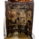 Chinese four-panel Coromandel style wood screen, featuring figures in a pavilion complex, reversed