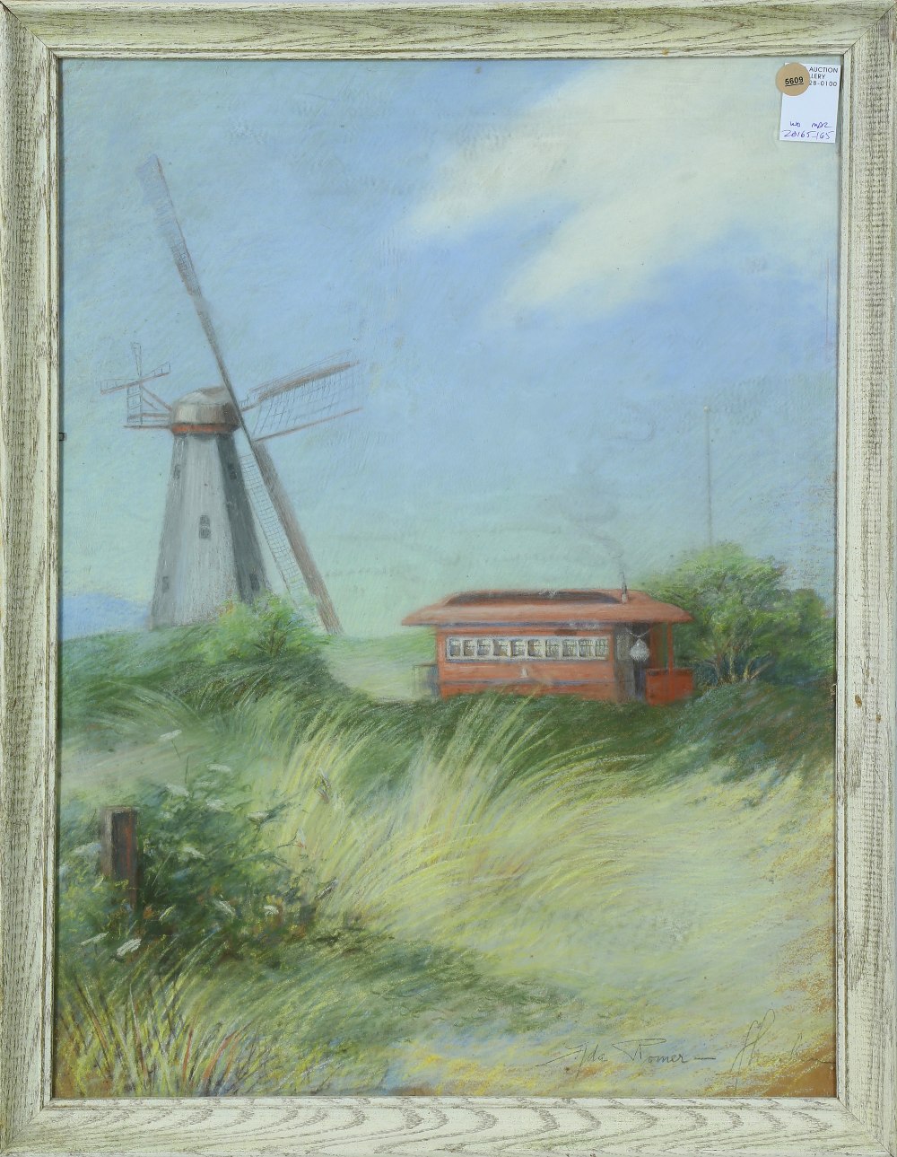 Untitled (Windmill and Train car), pastel, signed indistinctly "Aida Rohnmer (?)" lower right,