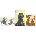 (lot of 3) Asian print of a Buddha, signed and sealed; together with two ink rubbings, one with