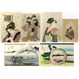 (lot of 6) Japanese woodblock prints: Kitagawa Utamaro (1753-1806) of a beauty with a uchiwa; Keisai